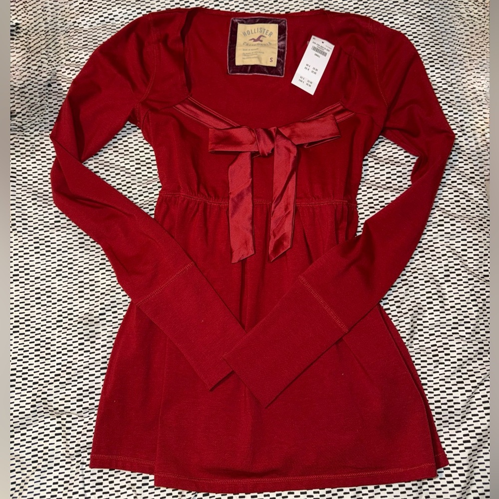 Hollister Red Long Sleeve Top with Satin Bow - NWT!